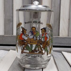 Vintage 80's Domex France Glass Beer Stein 95% zinn pewter lid